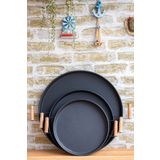 kitchen trend-3 Lü Siyah(45,37,30) Ahşap Kulplu Siyah Metal Tepsi Çay Tepsisi Sunum Tepsi Seti