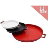 Kitchen Trend 3 Lü(Kırmızı,siyah,beyaz) Ahşap Kulplu Metal Tepsi Çay Tepsisi Kahve Tepsisi Sunum Tepsi Seti - Kırmızı - Siyah - Beyaz