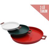 Kitchen Trend 3 Lü(Kırmızı,yeşil,beyaz) Ahşap Kulplu Metal Tepsi Çay Tepsisi Kahve Tepsisi Sunum Tepsi Seti - Kırmızı - Yeşil - Beyaz