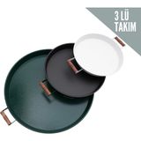 Kitchen Trend 3 Lü(Yeşil,siyah,beyaz) Ahşap Kulplu Metal Tepsi Çay Tepsisi Kahve Tepsisi Sunum Tepsi Seti - Yeşil - Siyah - Beyaz