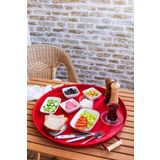 kitchen trend 51 Cm Ahşap Kulplu Metal Yuvarlak Kırmızı Tepsi Sunum Tepsi, Kahvaltı Tepsisi