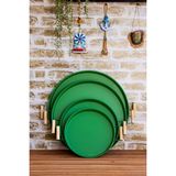 Kitchen Trend Metal 4 Lü (51 37 45 30 Cm) Yeşil Ahşap Kulplu Yuvarlak Tepsi Seti, Kahvaltı Tepsisi