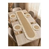 Kitchen Vogue Bohem Hasır Jüt Fırfırlı Masa Runner Seti Dekoratif Supla Kaşıklık Masa Örtüsü Çeyiz Ev Mutfak Masası Takımı