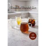 Kitchen Way 12’li 200 ML Borosilikat Kulplu Çizgi Desenli Diamond Cam Bardak Seti Isıya Dayanıklı Şeffaf KW-728