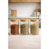 Kitchen Way Bambu Contalı Borosilikat 1 Litre Yuvarlak Çizgili 3'lü Kavanoz Seti KW-123