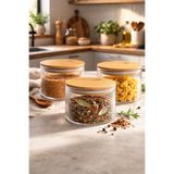 Kitchen Way Bambu Contalı Borosilikat 500 ML Yuvarlak Çizgili 3'lü Kavanoz Seti KW-122