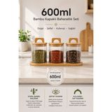 Kitcheva 3'lü Bambu Standlı Kulplu Çizgili Cam Baharatlık Seti 600 ml - Vakumlu Bambu Kapaklı Kavanoz Takımı (3X600 Ml) Ahşap Tepsili Baharat Takımı - Ahşap - Bej - Siyah