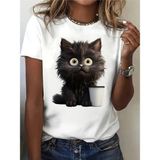 Kitten Kedi Baskı Bisiklet Yaka T-Shirt - Beyaz
