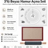 Kittiwake Home Life 3’lü Beyaz Hamur Açma Seti 45X65 cm – Ölçülü Silikon Hamur Matı, Fırın Pişirme Altlığı ve Bambu Saplı Silikon Merdane