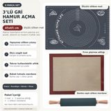 Kittiwake Home Life 3’lü Gri Hamur Açma Seti 45X65 cm – Ölçülü Silikon Hamur Matı, Fırın Pişirme Altlığı ve Bambu Saplı Silikon Merdane