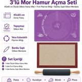 Kittiwake Home Life 3’lü Mor Hamur Açma Seti 45X65 cm – Ölçülü Silikon Hamur Matı, Fırın Pişirme Altlığı ve Bambu Saplı Silikon Merdane