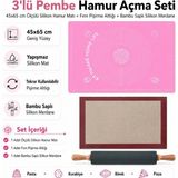 Kittiwake Home Life 3’lü Pembe Hamur Açma Seti 45X65 cm – Ölçülü Silikon Hamur Matı, Fırın Pişirme Altlığı ve Bambu Saplı Silikon Merdane
