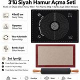 Kittiwake Home Life 3’lü Siyah Hamur Açma Seti 45X65 cm – Ölçülü Silikon Hamur Matı, Fırın Pişirme Altlığı ve Bambu Saplı Silikon Merdane