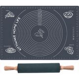 Kittiwake Home Life Gri Renk 45X65 cm Silikon Hamur Açma Matı ve Bambu Saplı Siyah Silikon Merdane