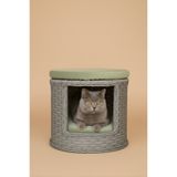 Kittyhome El Işçiliği Premium Rattan Kedi Evi Ve Puf (Gri & Su Yeşili)