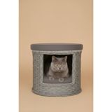 Kittyhome El Işçiliği Premium Rattan Kedi Evi Ve Puf (Gri)