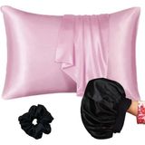 Kıvırcık Saçlılar Için Siyah Renk Saten Bone Saten Yastık Kılıfı & Toka Seti - Pembe - Siyah - 50 x 70