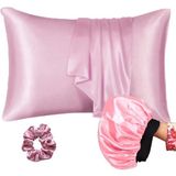 Kıvırcık Saçlılar Için Siyah Renk Saten Bone Saten Yastık Kılıfı & Toka Seti - Pudra Pembe - 50 x 70