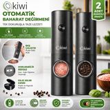 Kiwi Otomatik Baharat Değirmeni 2’li Set – Tek Tuşla Öğütme, LED Işıklı, Ayarlanabilir Seramik Öğütücü (Tuz & Karabiber Değirmeni) - Siyah