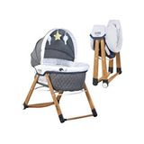 Kiwi Sleeper All İn One Naturel Ahşap Sallanabilen Katlanır Tekerli Bebek Beşiği Yaprak Desenli Gri