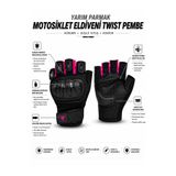 KIYAK MOTO Twist Pembe / Yarım Parmak - Kaymaz Avuç İçi Kadın Motosiklet Eldiveni