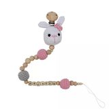 Kız Bebek Amigurumi Beyaz Pembe Tavşanlı Organik Ahşap Boncuklu İsimli İsme Özel Emzik Askısı