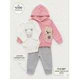 Kız Bebek Ayıcık Baskılı %100 Pamuklu Hırka Body ve Pantolon 3'lü Takım - Gül Kurusu - Pembe - 3 - 6 Ay
