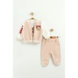 Kız Bebek Baskılı 3'lü Eşofman Takımı (Sweatshirt, Pantolon, Ceket ) (9-12-18 Ay) - Bej
