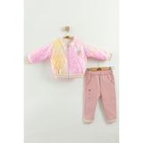 Kız Bebek Baskılı 3'lü Eşofman Takımı (Sweatshirt, Pantolon, Ceket) (9-12-18 Ay) - Gülkurusu - 9 Ay