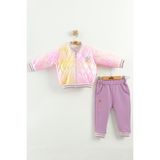 Kız Bebek Baskılı 3'lü Eşofman Takımı (Sweatshirt, Pantolon, Ceket) (9-12-18 Ay) - Mor - 9 Ay