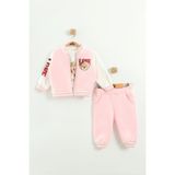 Kız Bebek Baskılı 3'lü Eşofman Takımı (Sweatshirt, Pantolon, Ceket) (9-12-18 Ay) - Pembe - 9 Ay