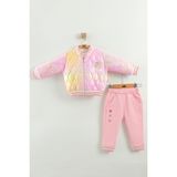Kız Bebek Baskılı 3'lü Eşofman Takımı (Sweatshirt, Pantolon, Ceket) (9-12-18 Ay) - Pembe