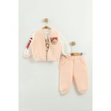 Kız Bebek Baskılı 3'lü Eşofman Takımı (Sweatshirt, Pantolon, Ceket ) (9-12-18 Ay) - Pudra - 12 Ay