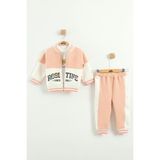 Kız Bebek Baskılı 3'lü Eşofman Takımı (Sweatshirt, Pantolon, Ceket) (9-12-18 Ay) - Somon - 9 Ay
