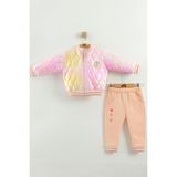 Kız Bebek Baskılı 3'lü Eşofman Takımı (Sweatshirt, Pantolon, Ceket) (9-12-18 Ay) - Somon