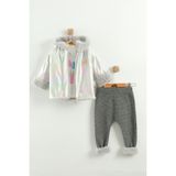 Kız Bebek Baskılı Sweatshirt, Pantolon ve Ceket 3'lü Takım (9-12-18 Ay) - Gri