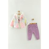 Kız Bebek Baskılı Sweatshirt, Pantolon ve Ceket 3'lü Takım (9-12-18 Ay) - Mor