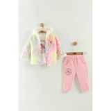 Kız Bebek Baskılı Sweatshirt, Pantolon ve Ceket 3'lü Takım (9-12-18 Ay) - Pembe - 12 Ay