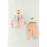 Kız Bebek Baskılı Sweatshirt, Pantolon ve Ceket 3'lü Takım (9-12-18 Ay) - Pudra - 9 Ay