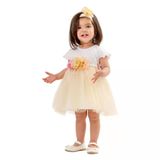 Kız Bebek Beyaz Bej Tüllü Çiçekli Bandanalı Elbise