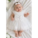 Kız Bebek Beyaz Dantelli Tüllü Abiye Elbise Büyük Fiyonklu Özel Gün Elbisesi 9996