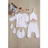 Kız Bebek Beyaz Kalpli Lüks Süslü 5 Li Hastane Çıkışı Yenidoğan Set Stl6398