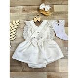 Kız Bebek Beyaz Romper Etek Toka Çorap Takımı - 6 - 9 Ay - 00-Beyaz