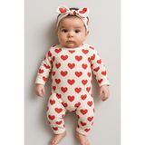 Kız Bebek Big Heart Pattern Bandanalı Patiksiz Çıt’lı Tulum Set - Kırmızı - 6 - 9 Ay