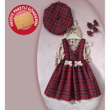 Kız Bebek & Çocuk Kırmızı Ekoseli Salopet Elbise & Şapka & Toka Takım