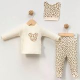 Kız Bebek Ekru Kahve Leopar Desenli Bereli Pijama Takımı 0-3 Ay