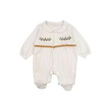 Kız Bebek Ekru Sarı Çiçek Nakışlı Patikli Yakalı Tulum