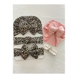 Kız Bebek Fiyonklu Bone Bandana 3 Lü Set & Şeker Pembe Kadife Bone / Kız Bebek Hediyelik