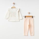 Kız Bebek Giyim Yazı Desenli Fırfır Detaylı Uzun Kollu %100 Pamuk Alt-Üst 2'li Pijama Takımı - 0 - 3 Ay - Somon