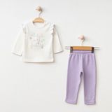 Kız Bebek Giyim Yazı Desenli Fırfır Detaylı Uzun Kollu %100 Pamuk Alt-Üst 2'li Pijama Takımı - 3 - 6 Ay - Mor